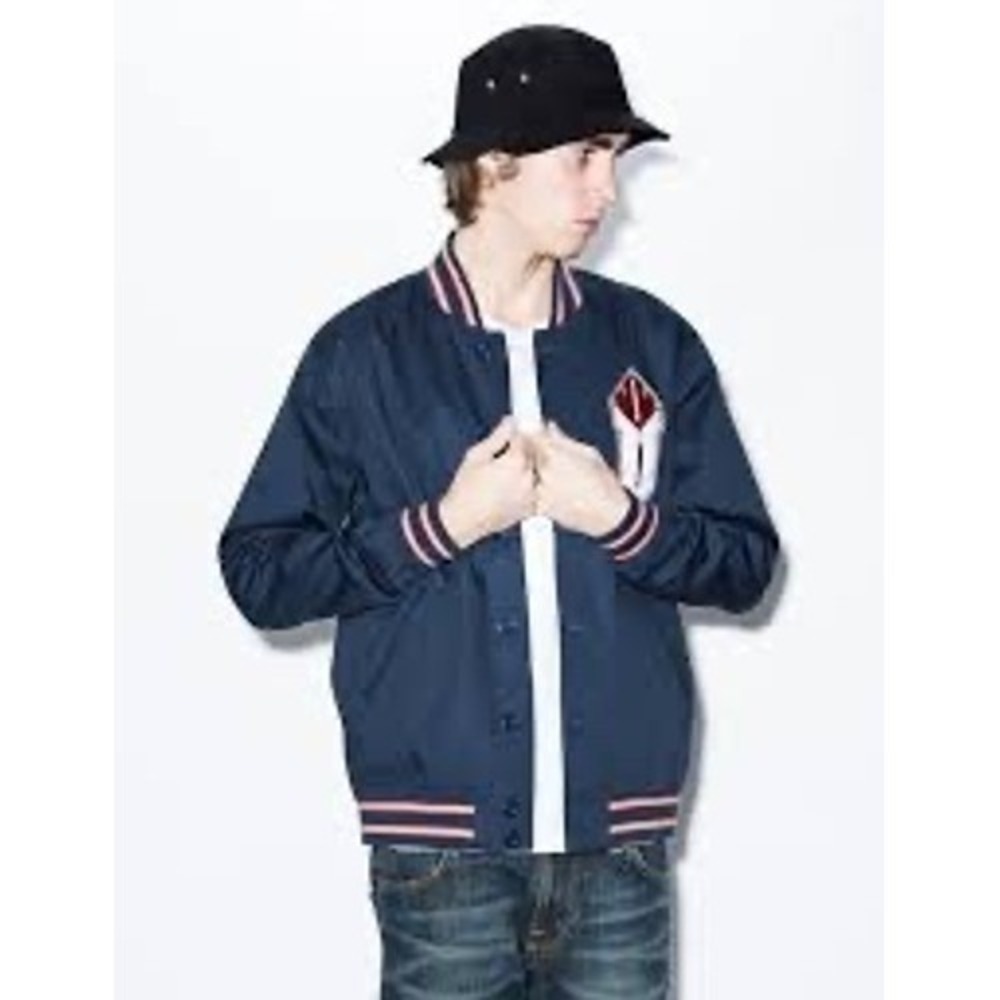 Undefeated Mens XL Navy Blue Varsity Bomber Jacket Button Front Feather Patch